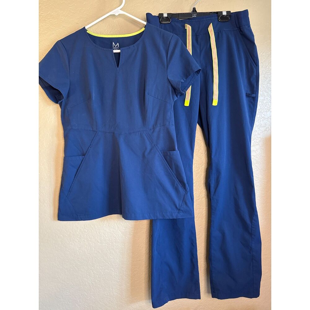 Medelita Horizon Scrub Set Womens XS Short Sleeve Top Womens S Pants Navy Blue